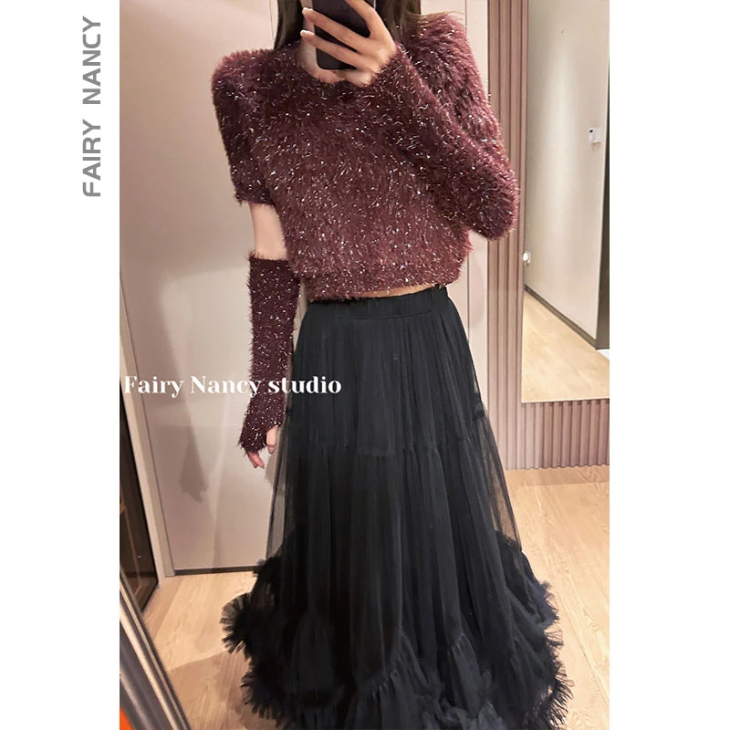 【FairyNancy】【奶油布蕾】小众毛茸茸针织衫女宽松圆领上衣