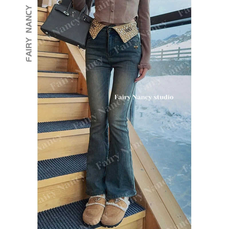 【FairyNancy】【冷萃冰珠之小蜜蜂】加绒翻边镶钻牛仔裤微喇显瘦