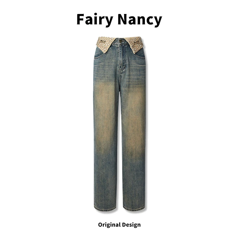 【FairyNancy】【冷萃冰珠】重工设计翻边镶钻牛仔直筒裤女ins