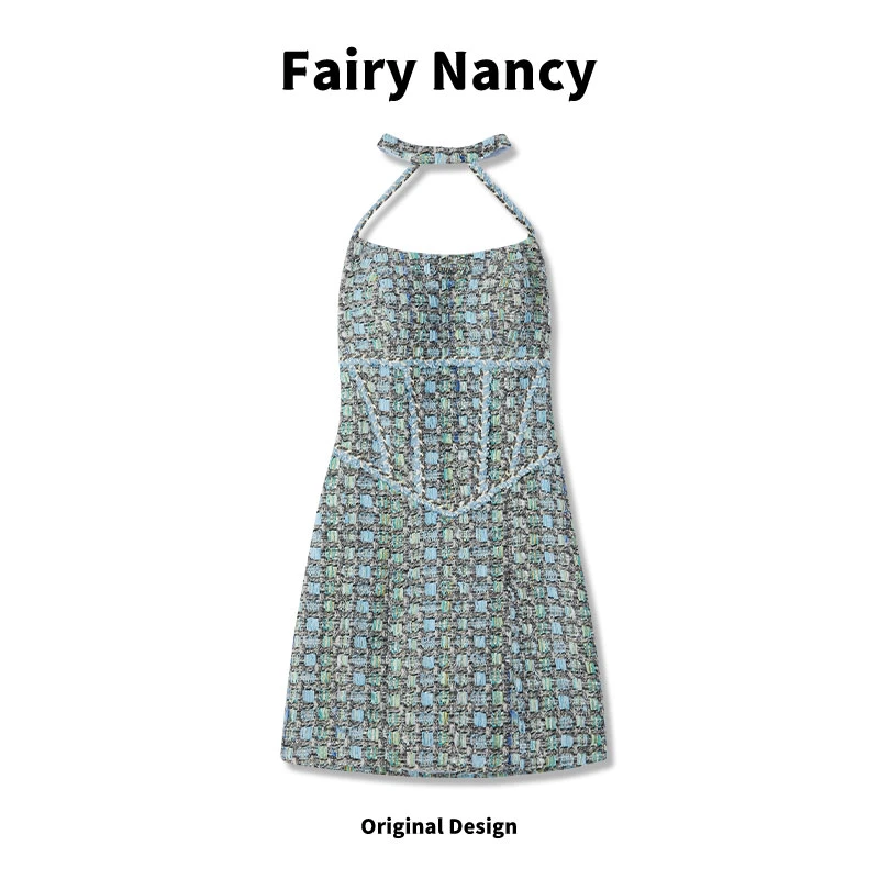 【FairyNancy】【薄荷奶绿】蓝绿色花呢法式小香风外套裙子