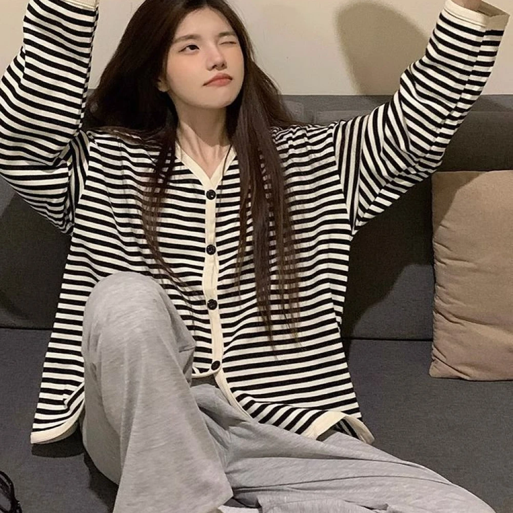 韩版慵懒风简约条纹睡衣女秋冬季ins长袖开衫款高级感居家服套装