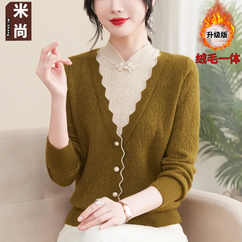 2024年女针织洋气质加绒厚款打底衫毛衣新款中年妈妈秋冬保暖上衣