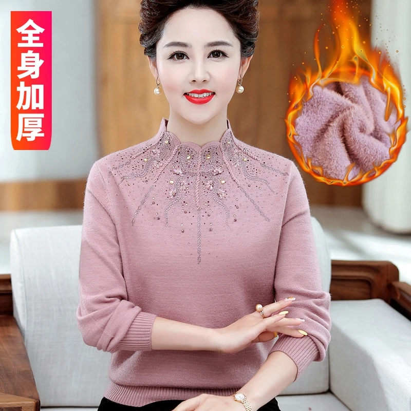 中老年毛衣女加绒加厚妈妈冬装喜庆半高领打底衫婚宴本命年上衣服