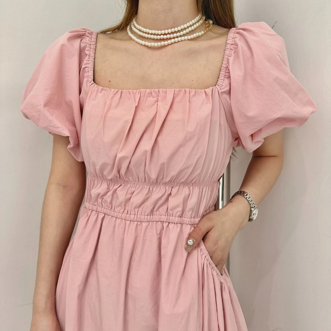 莫奈花园~#9367新款显瘦法式方领泡泡袖连衣裙春夏超显瘦连衣裙