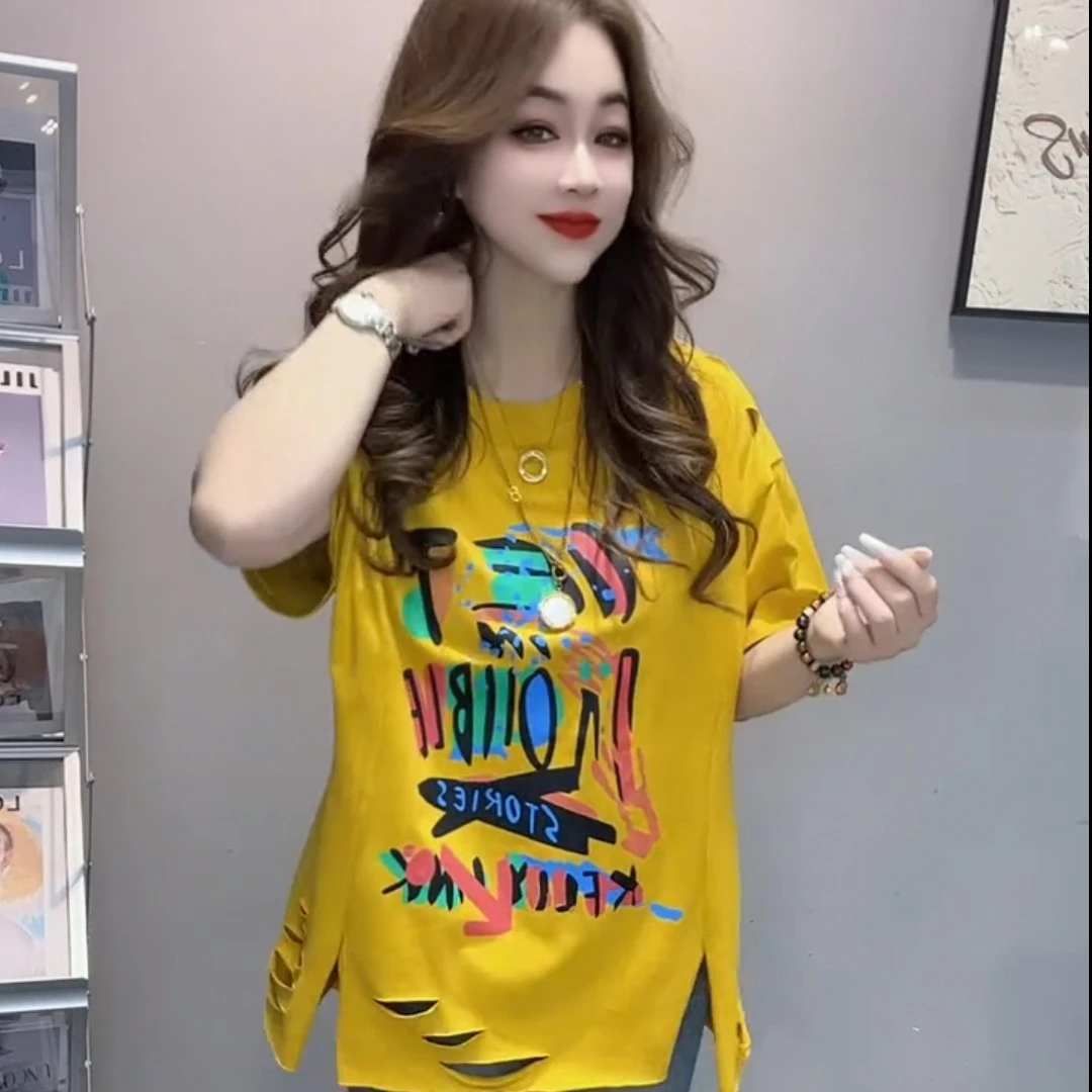 夏季时尚显瘦休闲中长款印花百搭潮流韩版减龄圆领t恤半袖