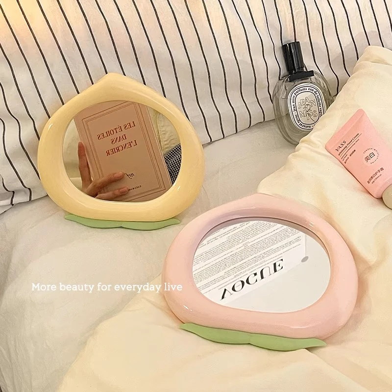 可爱桃子化妆镜粉嫩少女心镜子宿舍桌面梳妆镜台式可折叠公主镜