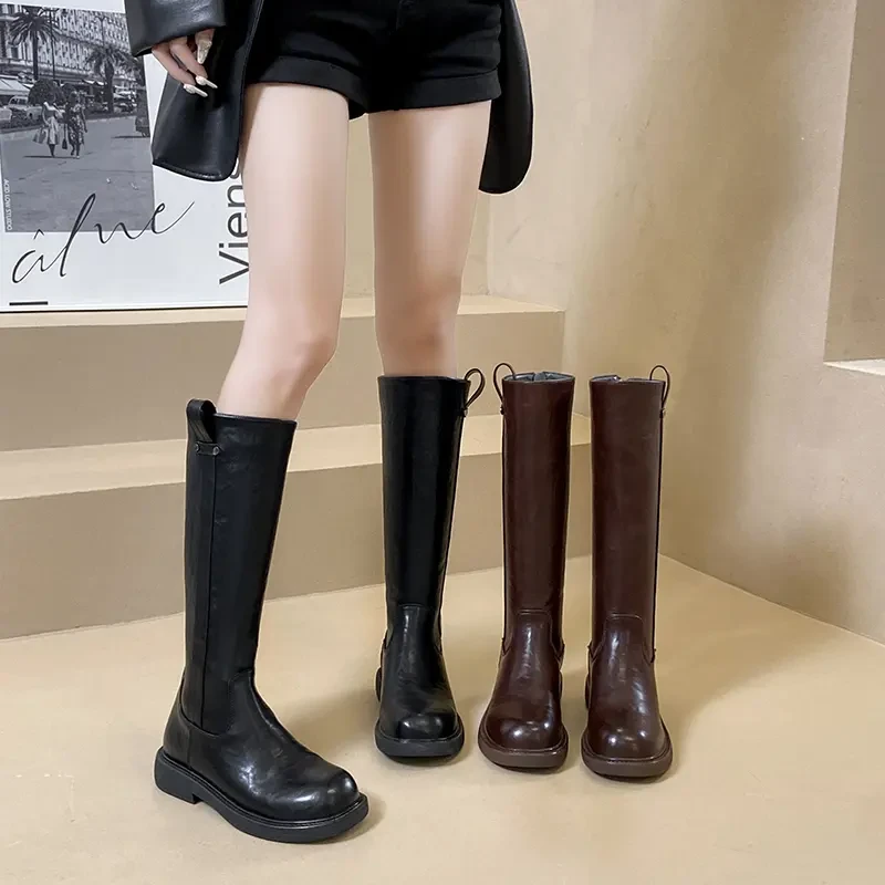 长筒靴女不过膝平口2024秋冬最新款骑士靴英伦风瘦瘦靴后拉链长靴