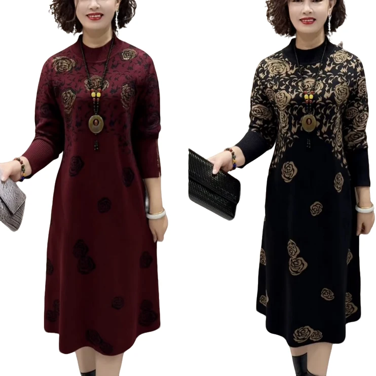 秋冬新款妈妈妆时尚针织连衣裙圆领钻花1813百达洋气显瘦大码轻奢