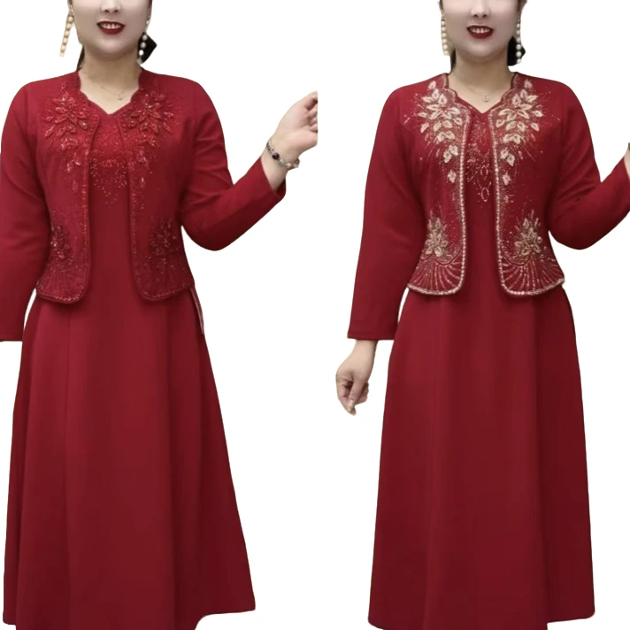 355新款喜婆婆喜妈妈两件套坎裙十外套气质时尚高雅百搭妈妈装