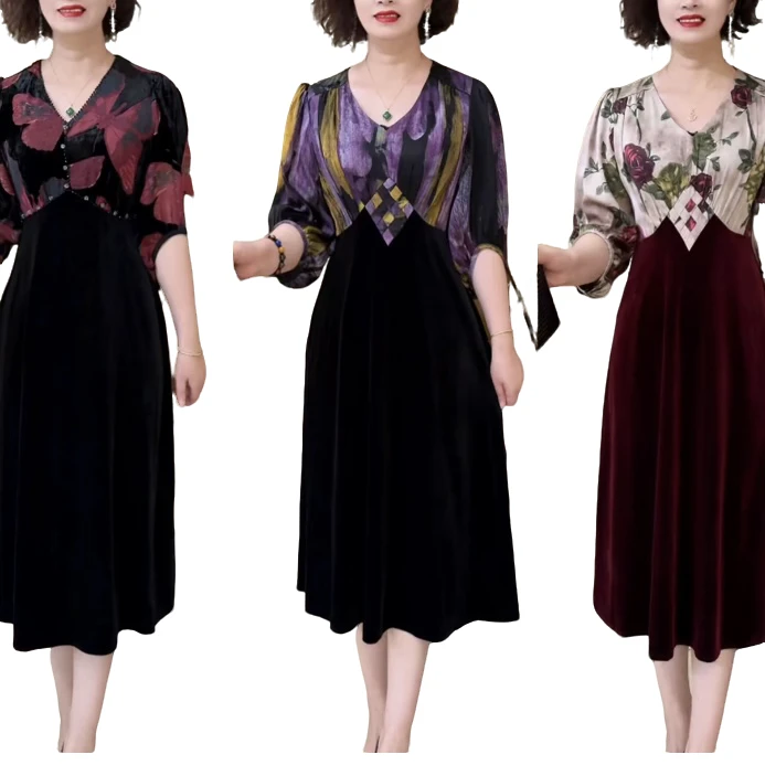 秋季新款妈妈说连衣裙时尚潮流拼接丝绒百搭显瘦气质中老年大码13