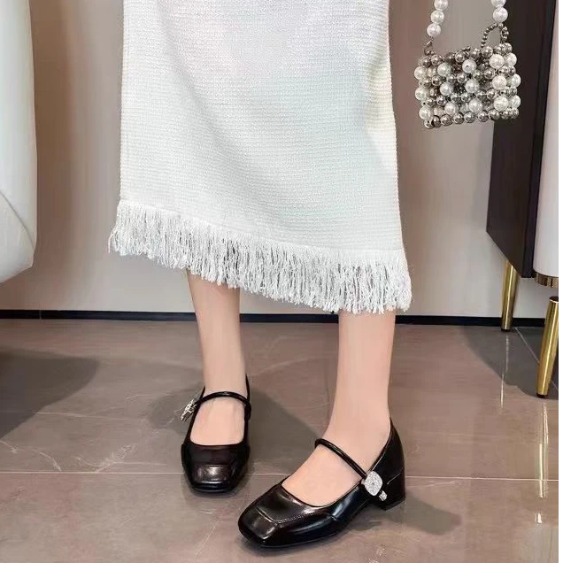 88-383法式小香风方头豆豆鞋女2024秋乐福鞋懒人复古玛丽珍单鞋