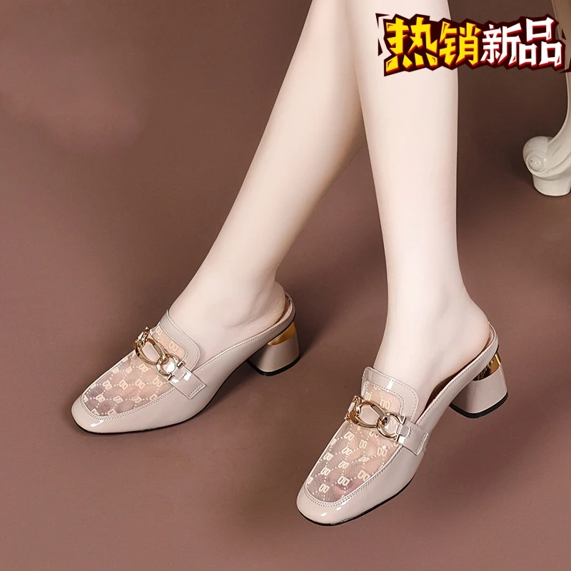 法式包头半拖鞋女夏外穿2024韩版方头软皮粗跟中跟百搭网纱凉鞋女