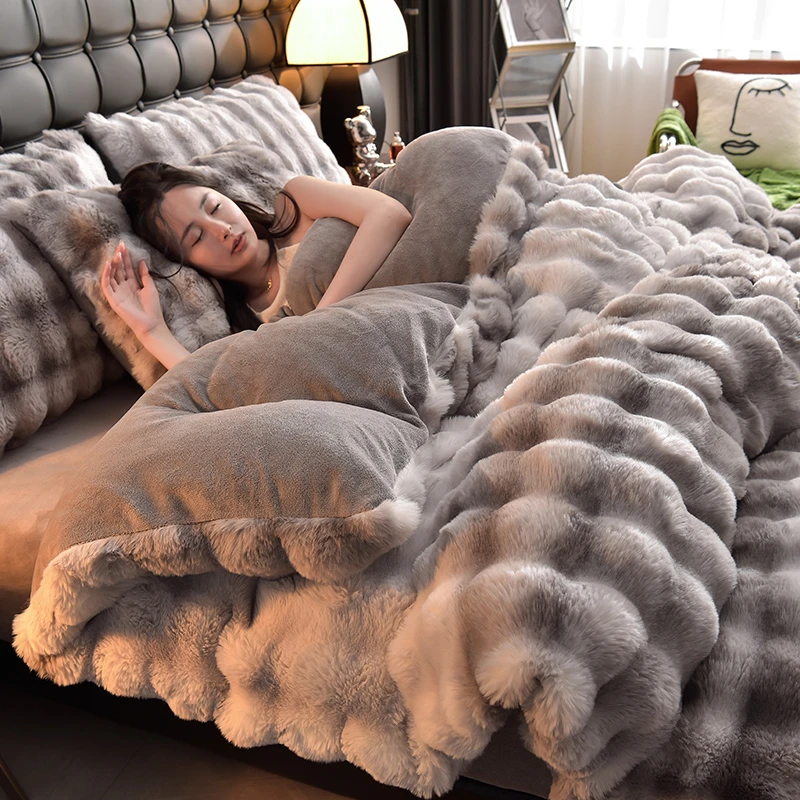 冬季兔兔绒加绒加厚床上四件套公主风双面毛绒牛奶珊瑚绒床单被套