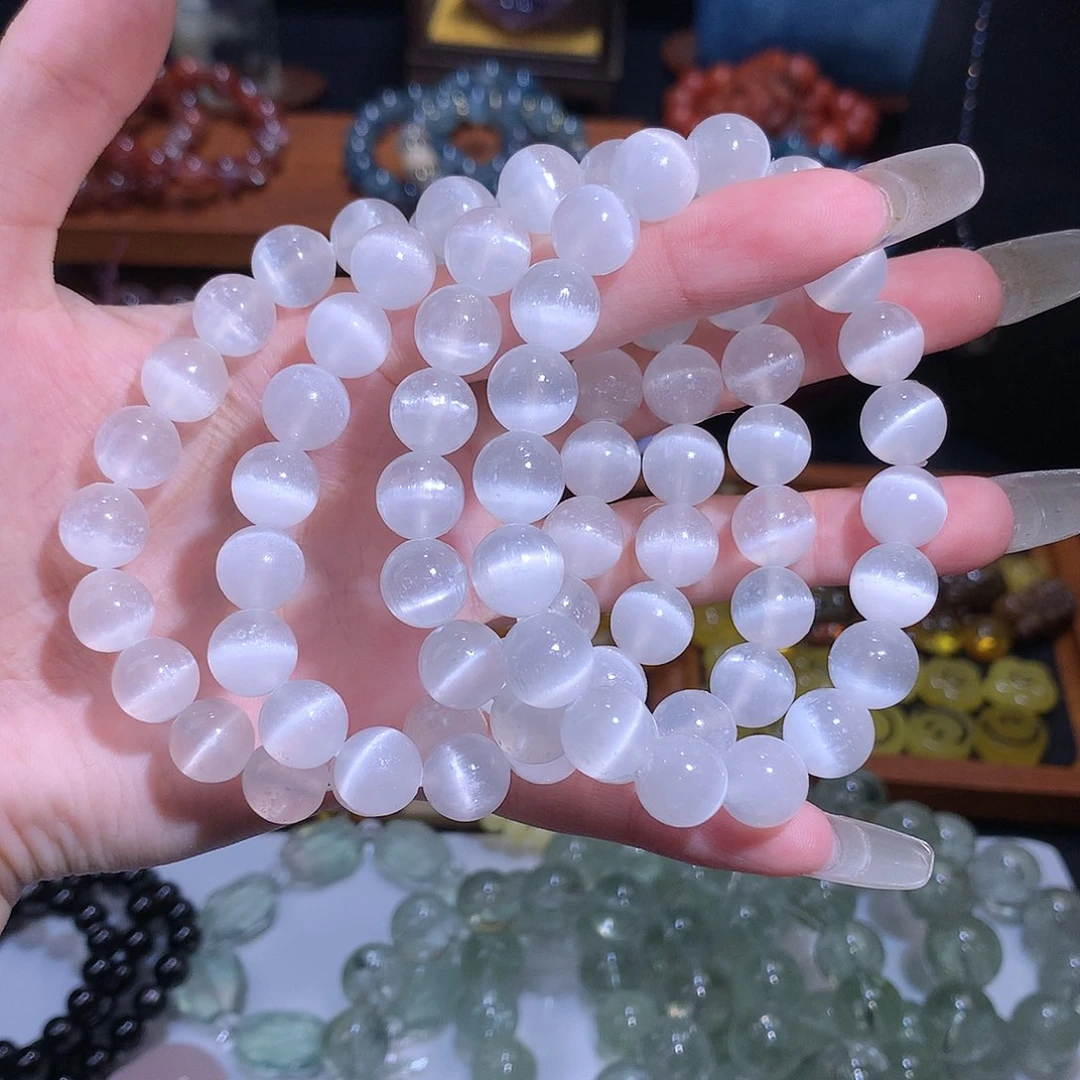 水晶手链未镶嵌摩洛哥透石膏白猫眼10mm