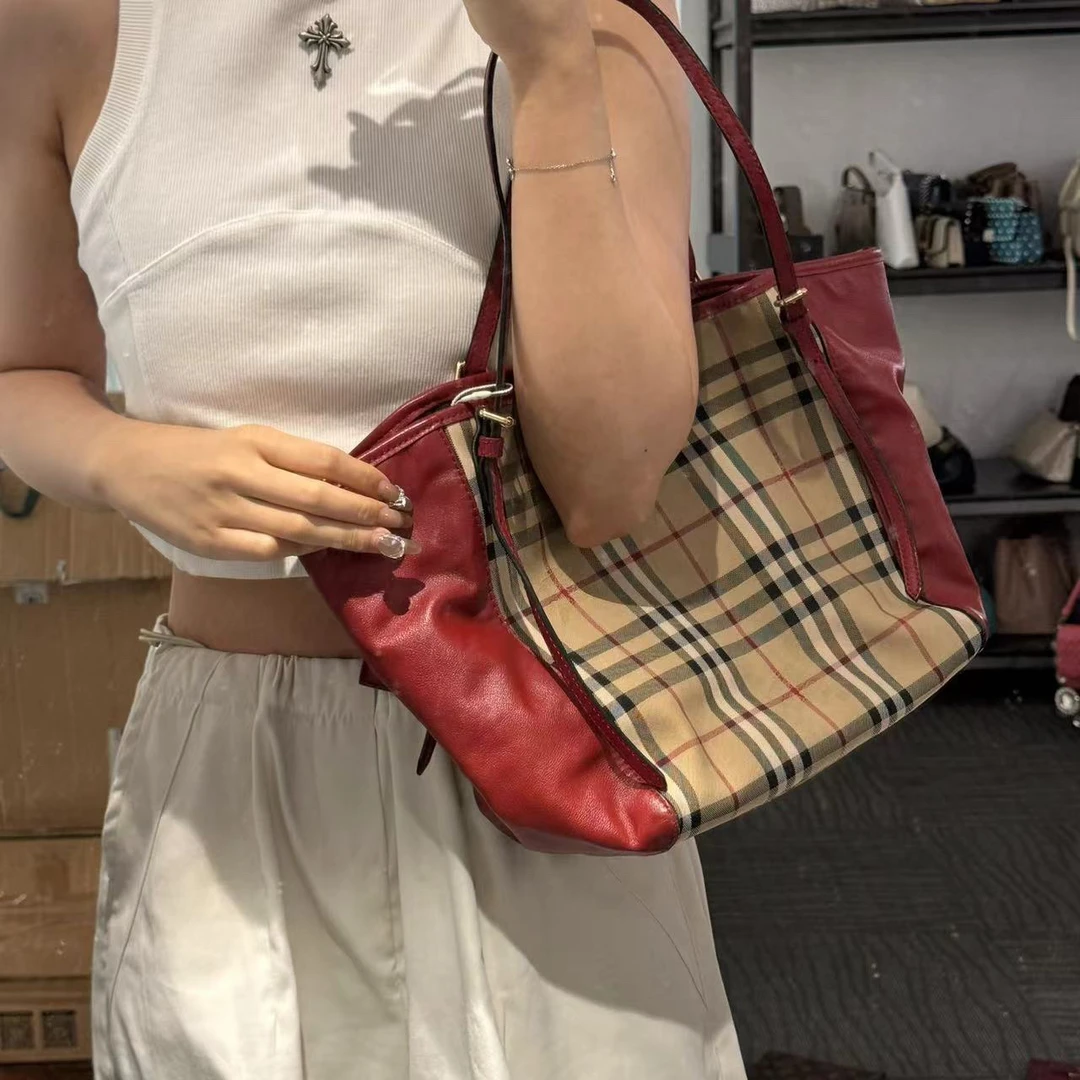 95新 BURBERRY/博柏利 巴宝莉红色托特包/7787948