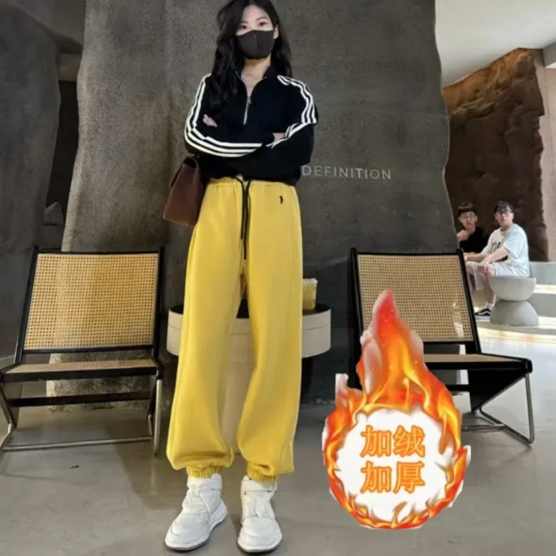 冬款女装加绒刺绣休闲运动百搭高腰显瘦舒适保暖卫裤束脚