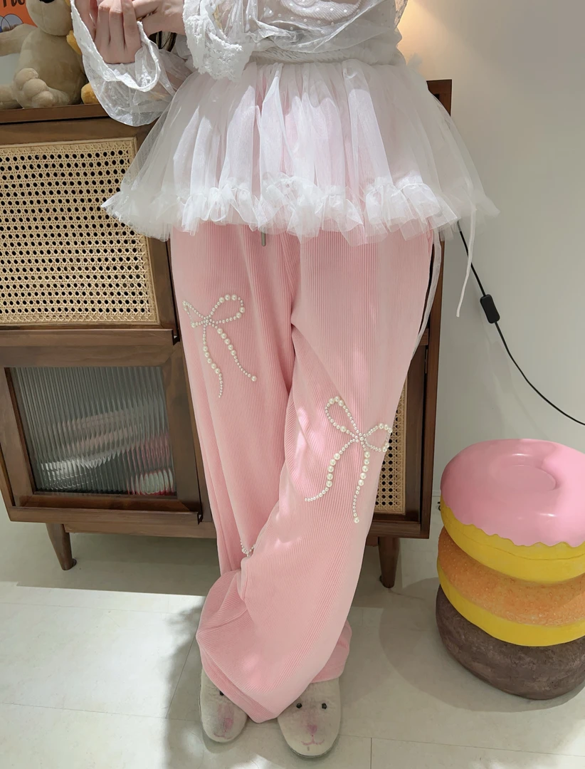 韩版推荐甜美风钉珠蝴蝶结加绒休闲裤女冬装休闲阔腿直筒裤百搭