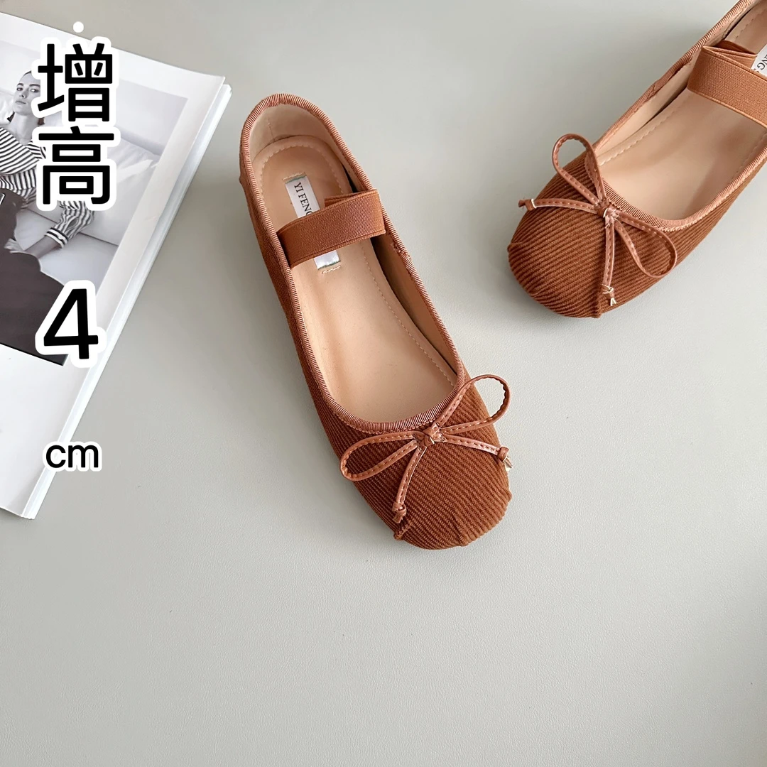 内增高4公分miu秋冬新款灯芯绒美拉德甜美蝴蝶结浅口芭蕾单鞋女鞋