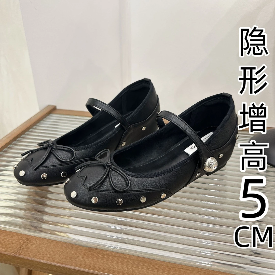 小个子内增高5cm女鞋法式铆钉蝴蝶结玛丽珍鞋女软底秋季配裙子