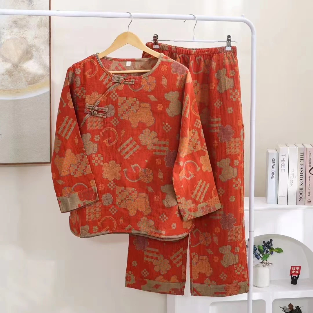 双层纱国风睡衣女两件可水洗纯棉舒适