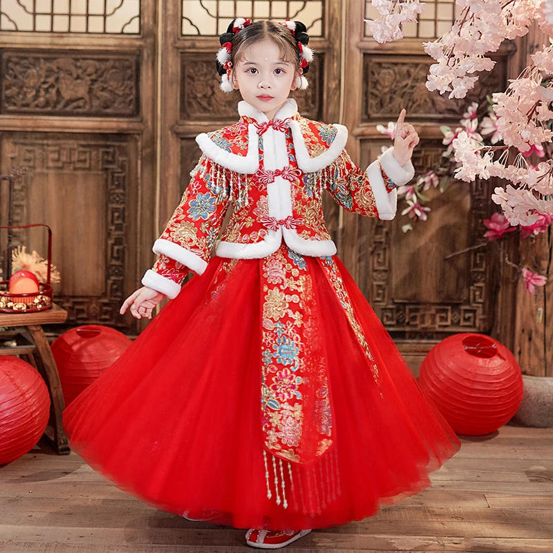 2024女童汉服秋冬加绒儿童唐装裙子冬装中国风古装冬裙