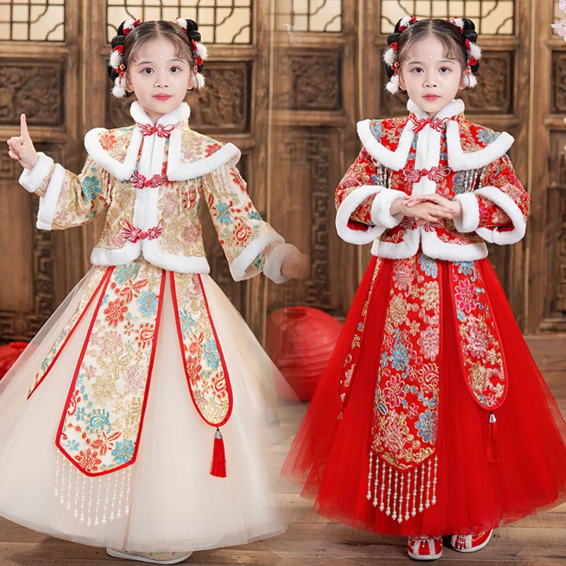 拜年服女童冬款汉服新款中国风儿童套装新年唐装喜庆衣服冬季