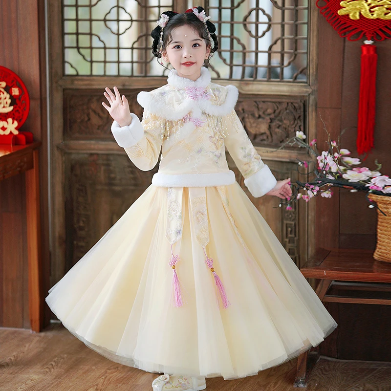 女童中国风汉服冬季拜年服儿童装秋冬款新年小女孩加绒加厚唐装冬