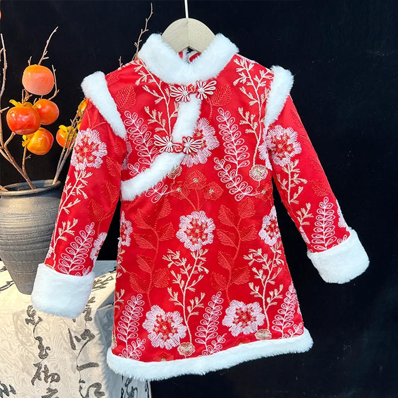 女童拜年服汉服女童加加绒旗袍古风2023新款唐装儿童连衣裙冬款
