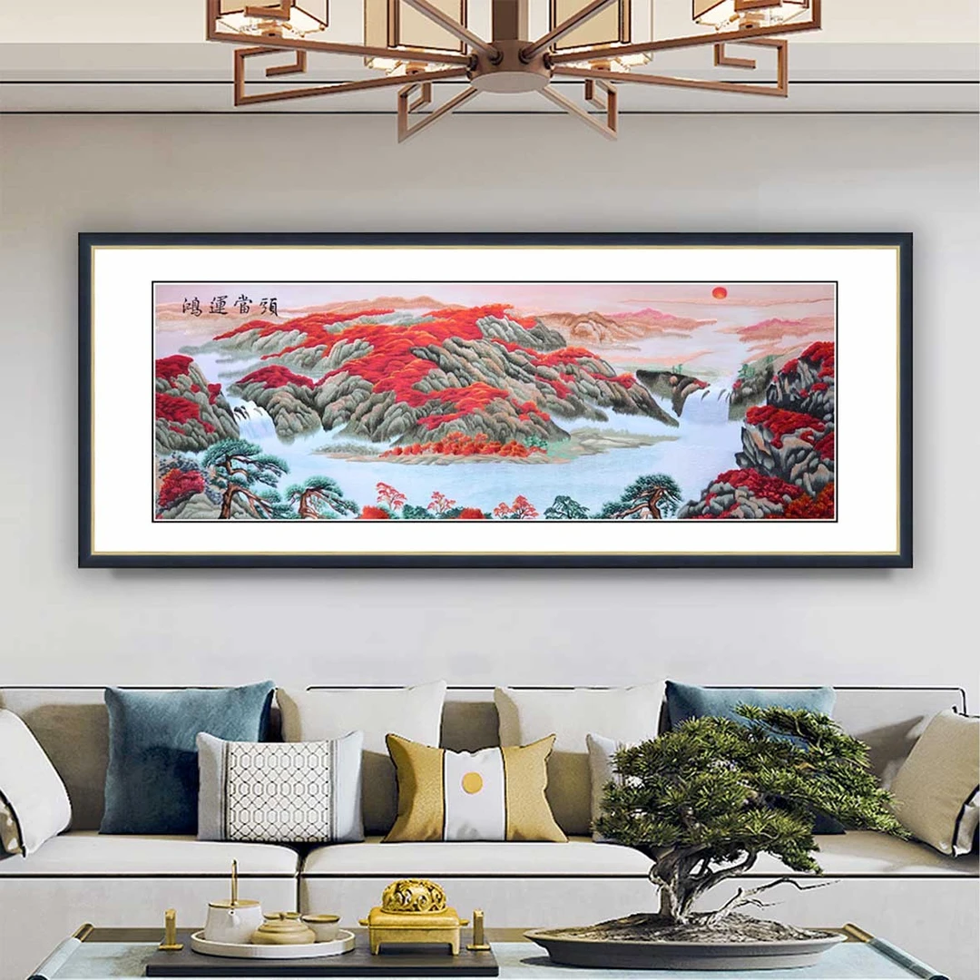 德丰绣品刺绣装饰画客厅沙发背景墙山水挂画苏绣刺绣挂画鸿运当头