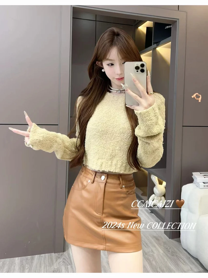 【泡芙毛衣】短款彩色圆领毛衣上衣    有垫肩可拆