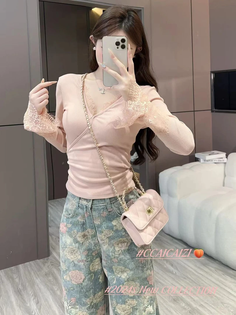 CCA127【小妖精】蕾丝拼接V领绑带设计感上衣  无垫肩