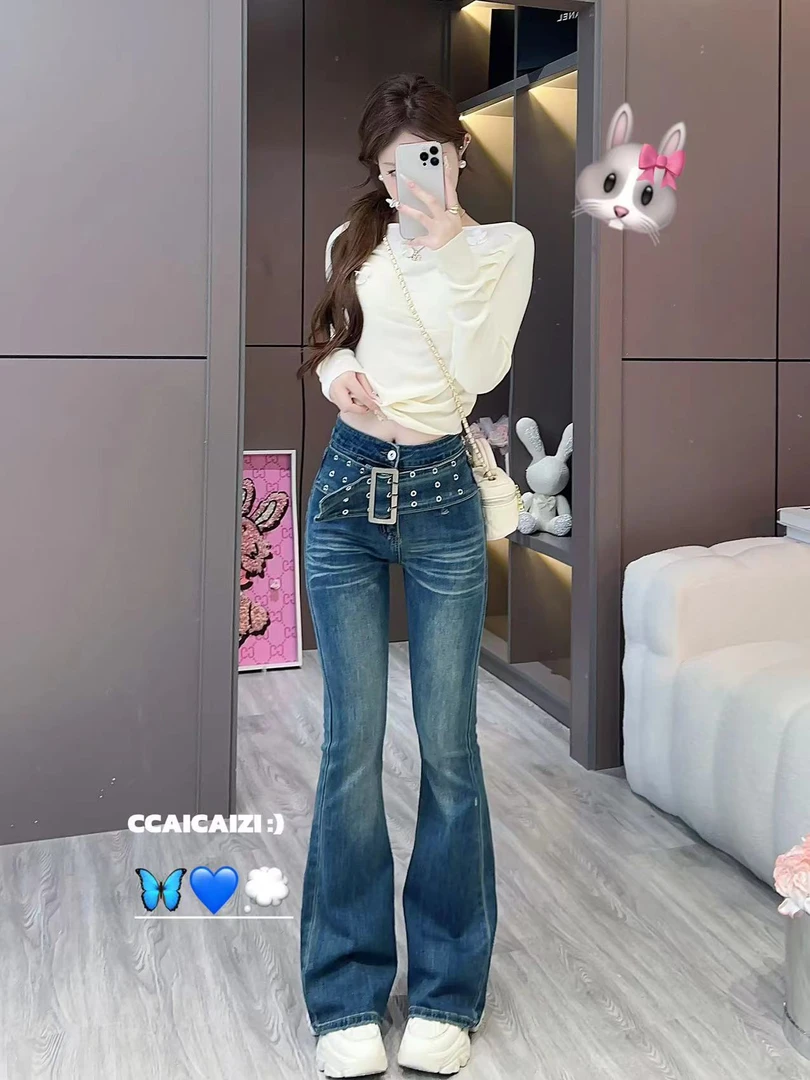 【线条故事】复古高腰腰带设计牛仔微喇裤