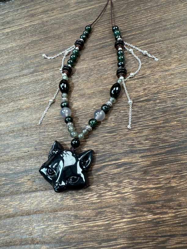 岫玉狐狸吊坠毛衣链锁骨坠黑狐吊坠