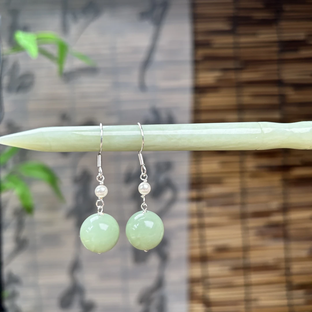 新中式玉石岫玉耳环s925银复古气质