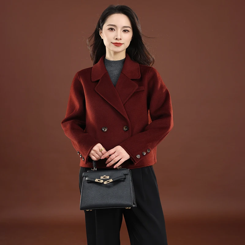 【纯色大牌AB面同款】设计师短款双面绵羊毛高个小个子大衣外套女