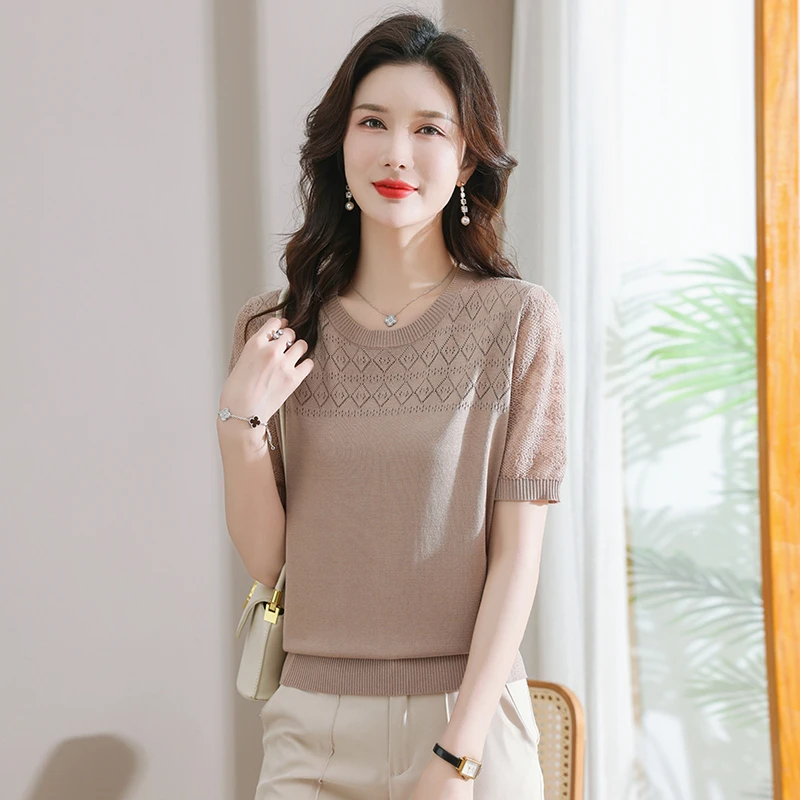 夏季针织镂空薄款大码气质显瘦宽松上衣中年妈妈装31702君纯色