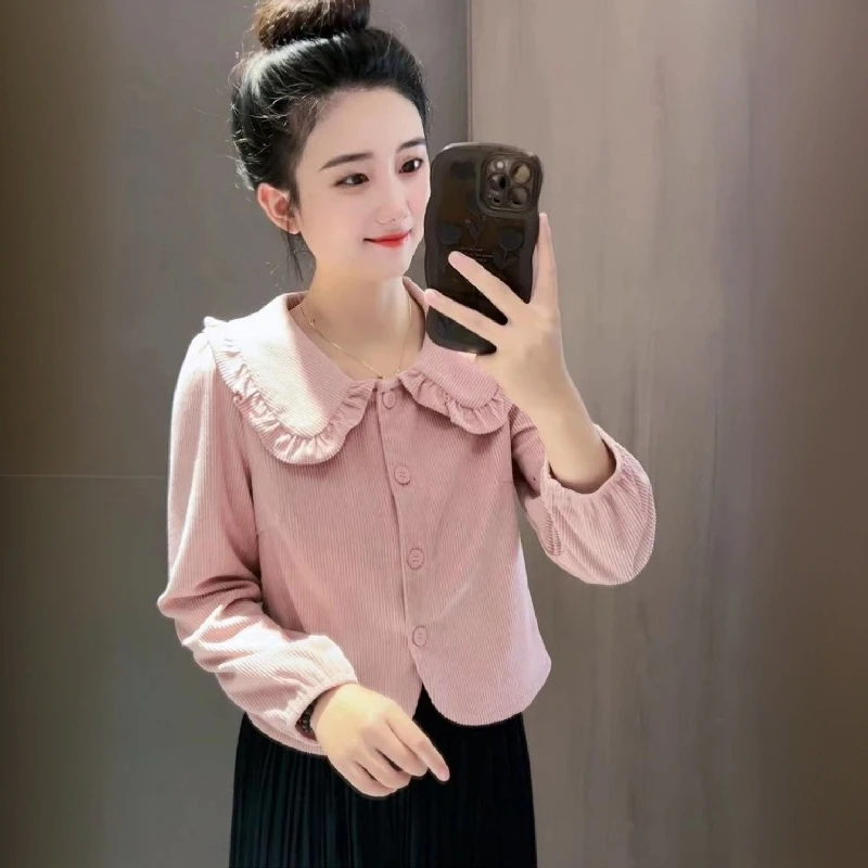 木耳边娃娃领长袖衬衫女2024秋冬新款韩版宽松洋气甜美百搭上衣潮