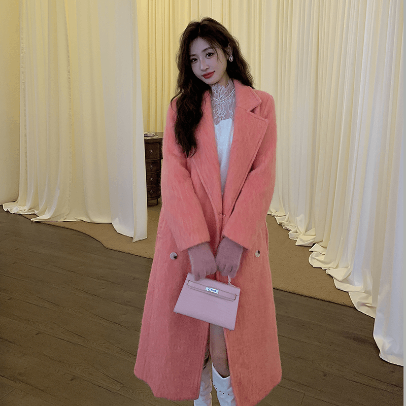 高级感超好看羊毛呢子大衣女冬季加厚富家千金中长款粉色毛呢外套