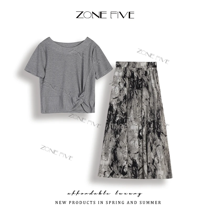 zonefive短袖圆领T恤中长款印花半身裙休闲套装俩件套气质时尚