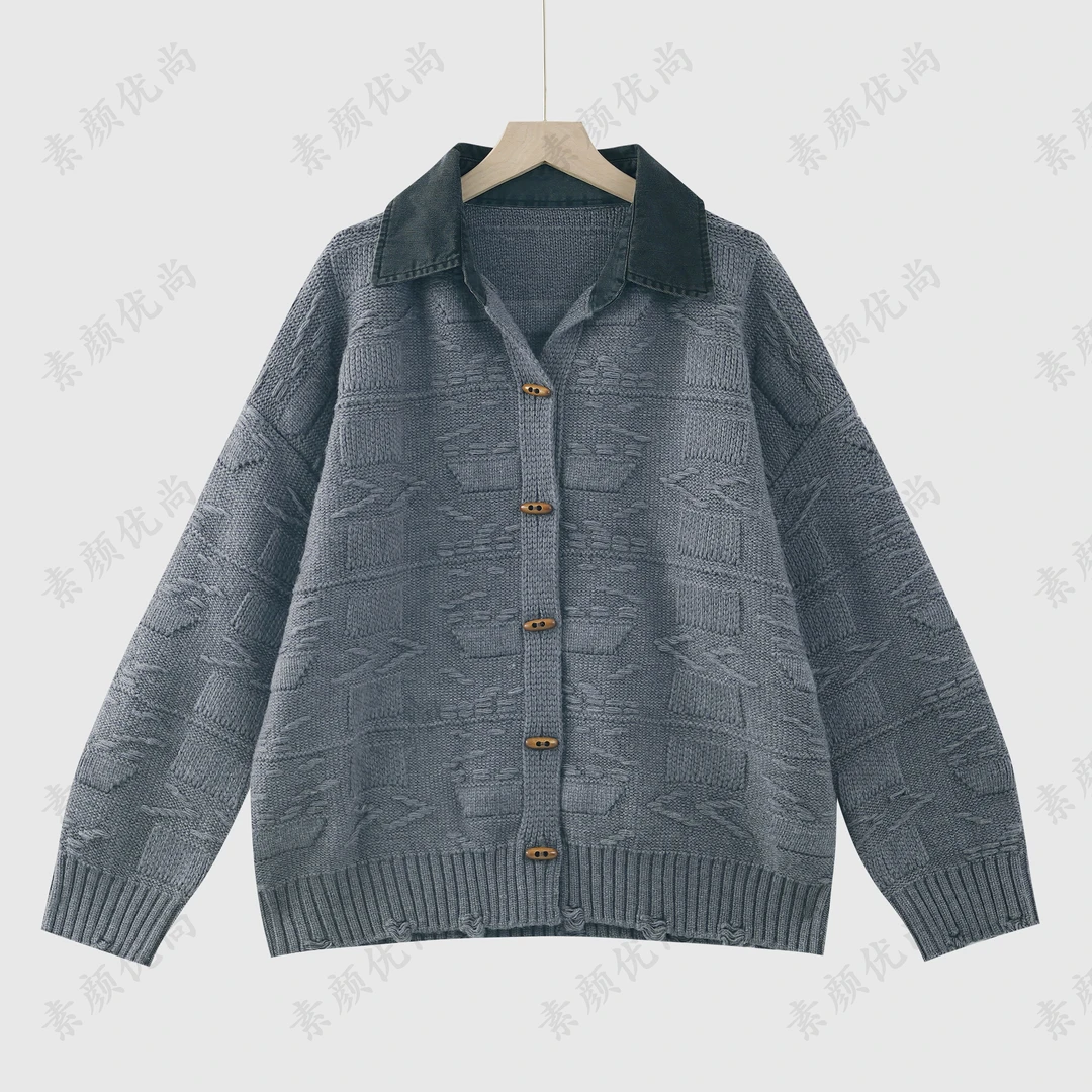 【素颜】2024秋冬新款高定保暖绵羊毛提花木扣衬衫领长袖外套