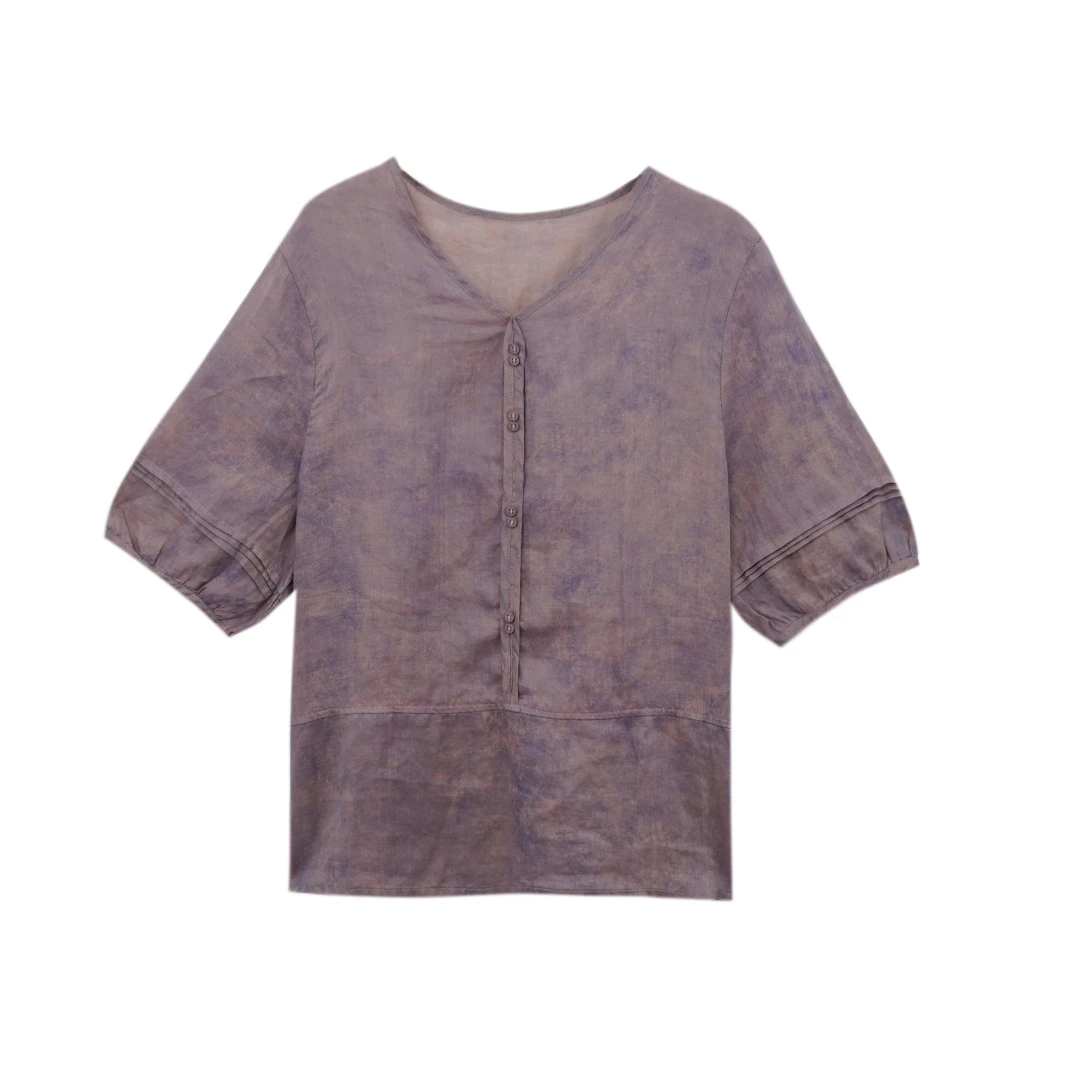 【素颜】2024夏季新款百搭晕染压褶香纱莨麻衬衫