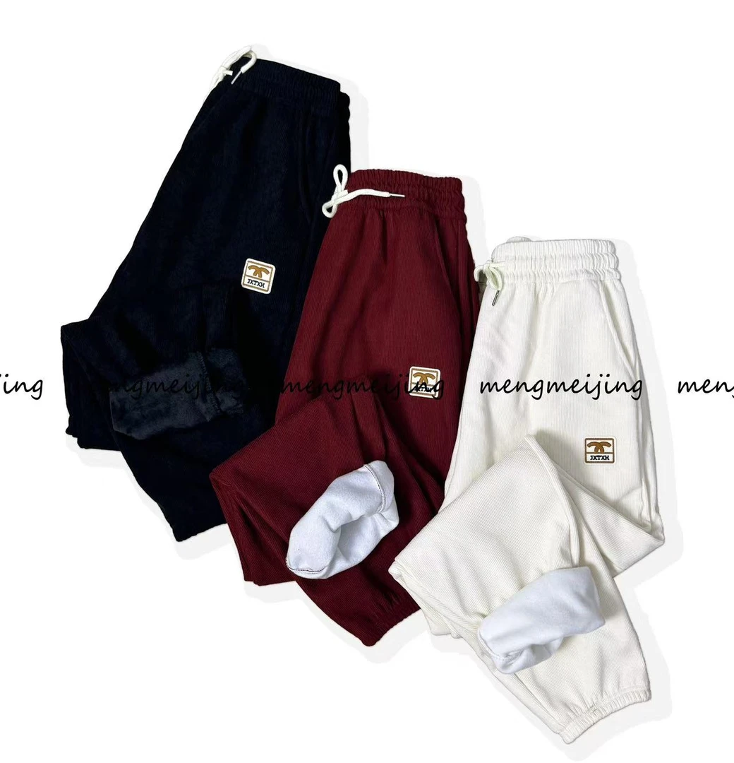 秋冬加绒加厚卫裤束脚女竖条显瘦显高不起球裤外穿休闲裤