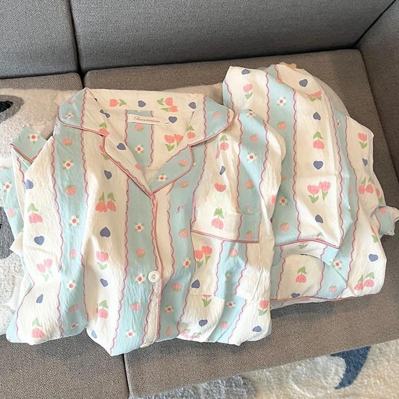 【蓝白花朵】甜美睡衣女春秋季新款长袖长裤两件套装家居服可外穿
