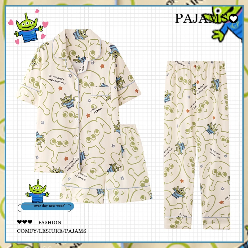 ins风卡通三眼仔翻领甜美短袖印花睡衣女夏款家居服三件套装3004