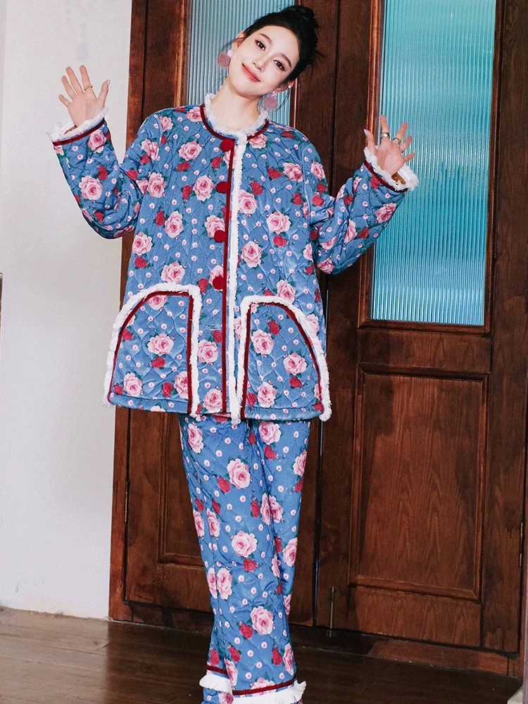 原创复古印花流苏撞色三层夹棉加厚加绒睡衣加棉珊瑚绒两件套装冬