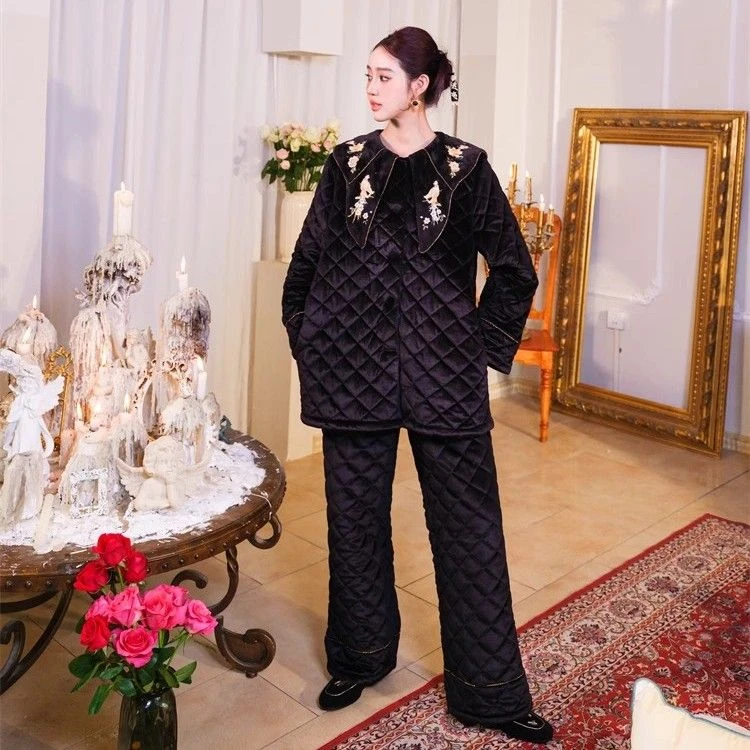 原创复古刺绣金水钻大翻领睡衣三层夹棉加厚家居服套装俩件套