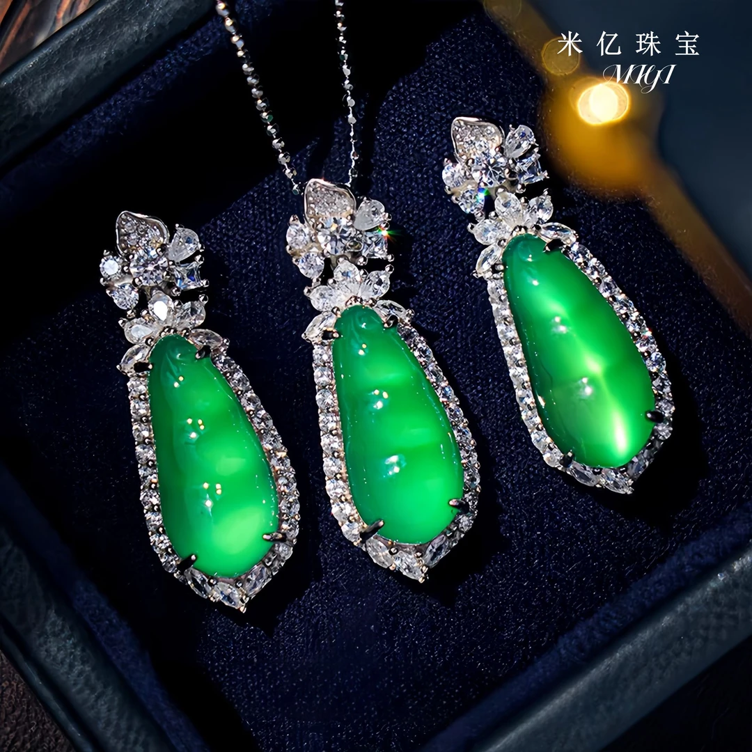 【MIYI】新中式国风首饰天然玉髓小福豆吊坠木那绿纯银镶嵌高级感