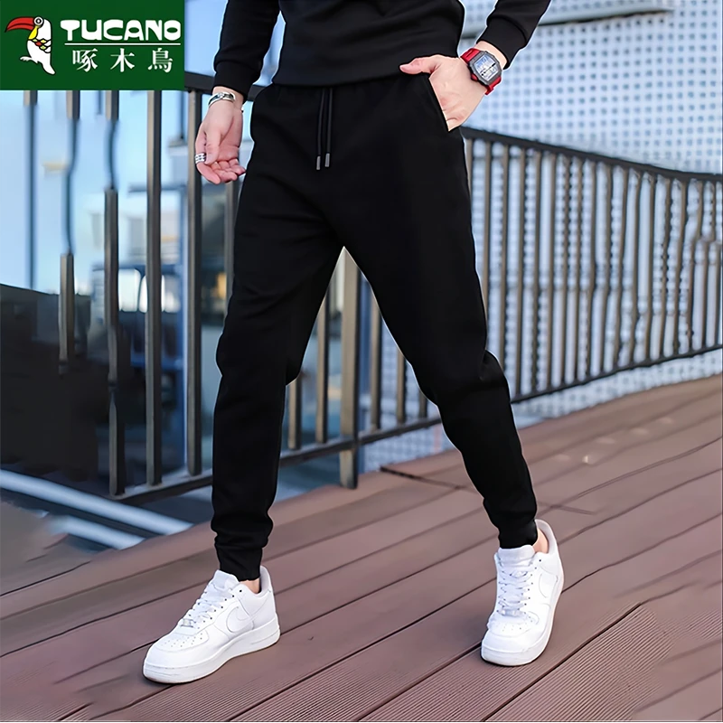 啄木鸟男士新款宽松百搭休闲长裤弹力束脚运动加绒加厚时尚潮卫裤