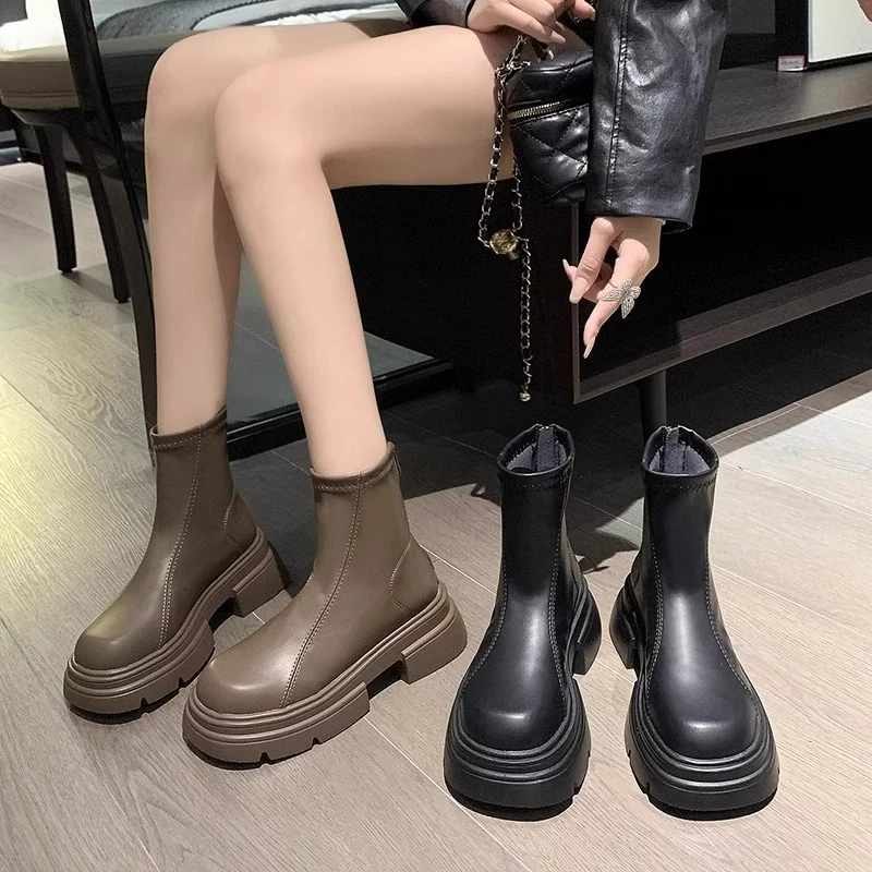 红蜻蜓牌厚底短靴女时尚百搭2023新款秋冬加绒短筒圆头弹力瘦瘦靴