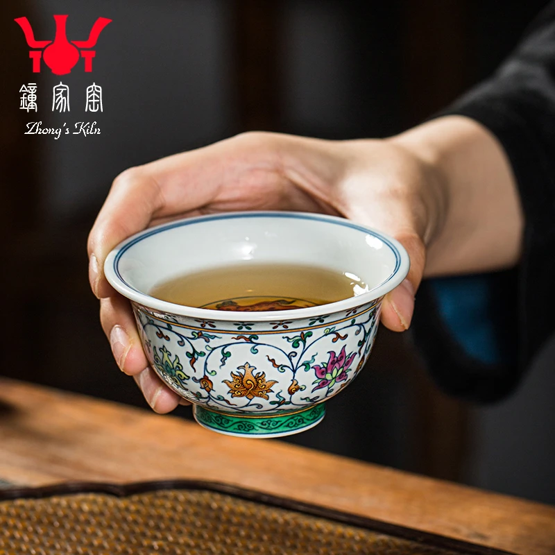 钟家窑茶杯主人杯景德镇经典缠枝莲压手杯手绘柴窑青花斗彩单杯